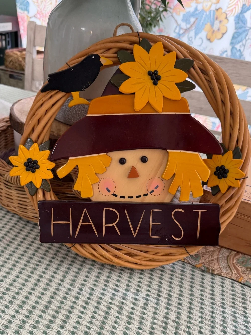 Vintage Harvest Scarecrow Wreath Wall Hanging Decor - Rustic Farmhouse Cottage